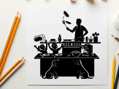 Silhouette of a chef cooking with children and pets