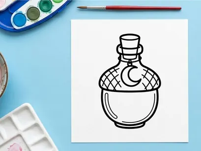 Halloween magic potion bottle icon. Witchcraft elixir flask with crescent moon charm.