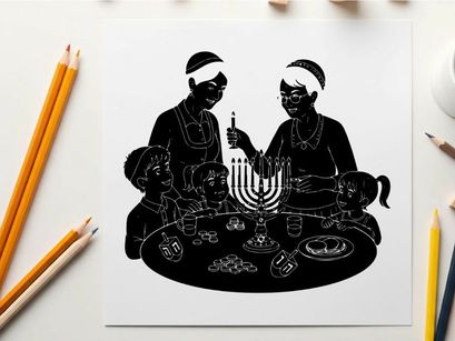 Silhouette of two women lighting menorah with traditional jewish dinner