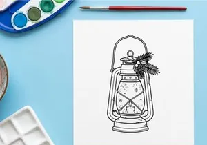 Christmas lantern line art illustration with pine branches and candle for holiday decor