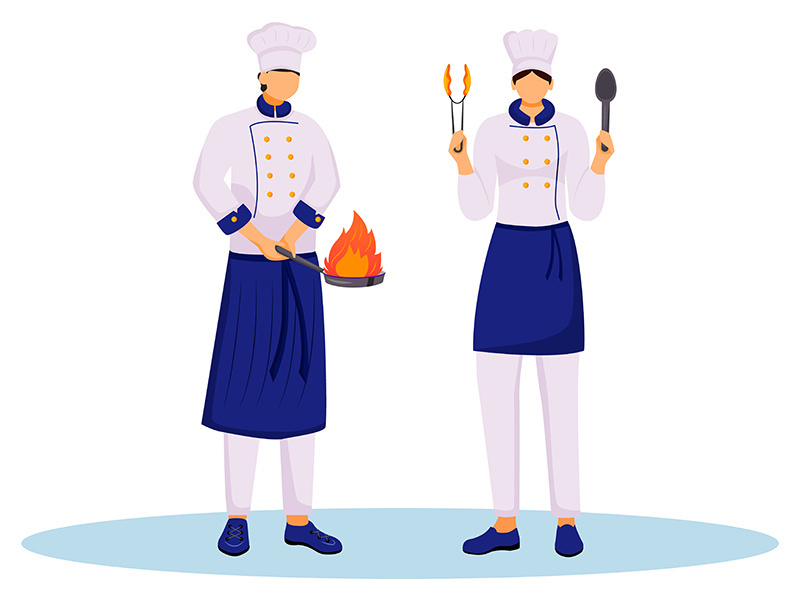 Chefs with cooking utensils flat color vector illustration