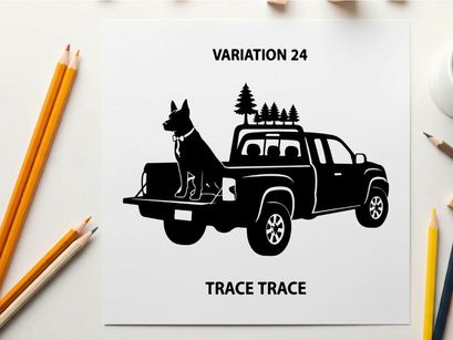Silhouette of dog in pickup truck with trees