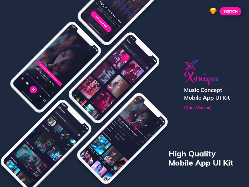Xonique-Music Mobile App UI Kit Dark Version (SKETCH)