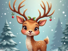 An adorable reindeer with decorated antlers stands in a snowy forest. preview picture