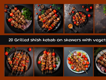 Grilled shish kebab on skewers with vegetables preview picture