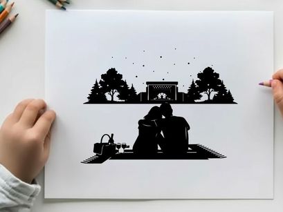 Romantic silhouette of couple on picnic at night outdoors
