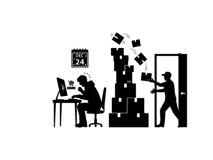 Silhouette of office worker amidst chaotic moving boxes and computer work