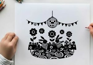 Party rabbits dancing under disco ball silhouette