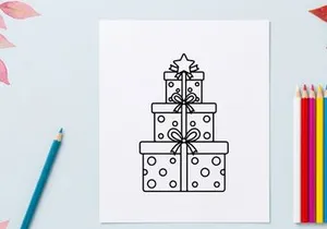Christmas gift boxes stack with polka dot pattern and star topper line art illustration.