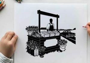 Silhouette of a person selling vegetables at a roadside market stall