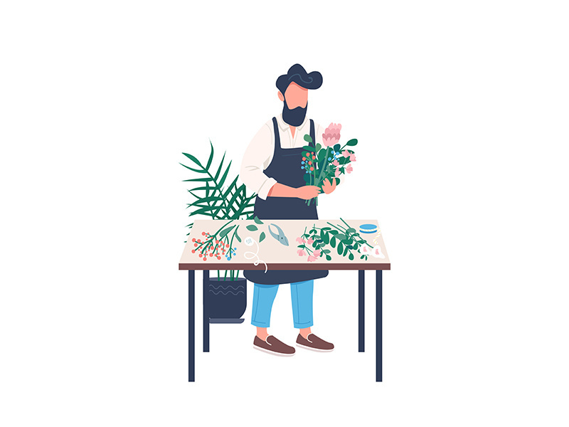 Male florist flat color vector faceless character