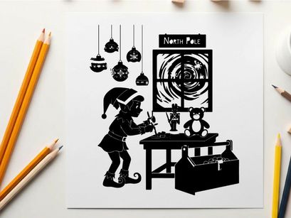 North pole elf and toys silhouette christmas scene