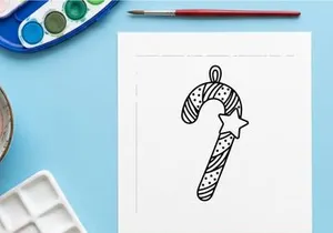 Christmas candy cane ornament with star, black and white line art vector illustration.