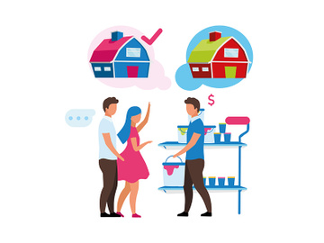 Shop assistant helping clients semi flat color vector characters preview picture