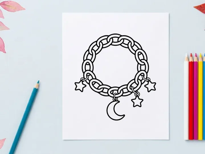 Chain bracelet with moon and stars. Celestial charm jewelry icon for coloring page.