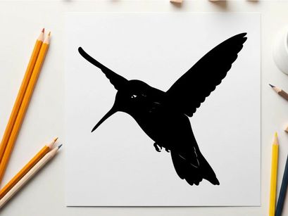 Silhouette of a hummingbird in flight with extended wings and beak