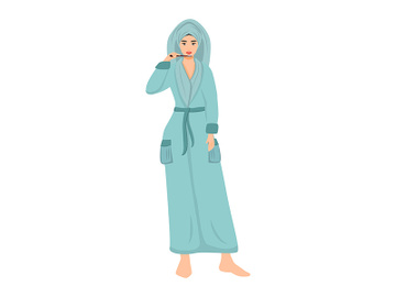 Woman in bathrobe brushing teeth after shower flat color vector faceless character preview picture