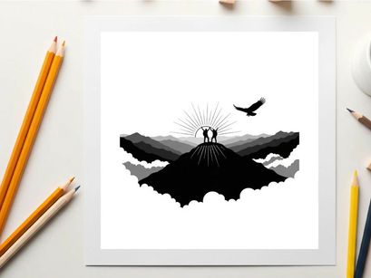 Silhouette of lovers on mountain peak with bird and sun silhouette
