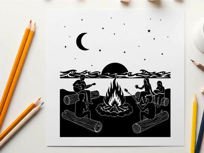 Silhouette of people by a campfire at night