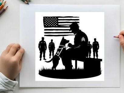 Silhouette of a soldier with service dog and american flag