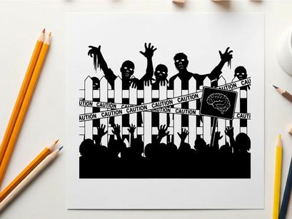 Silhouette of zombies behind a caution tape fence with a crowd