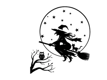 Witch silhouette flying on broomstick under full moon preview picture