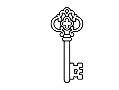 Vintage-Skelettschlüssel mit aufwendigem floralem Schleifenmuster. Klassische antike Metallschlüssel-Illustration für Sicherheitsthemen und Zugriff.