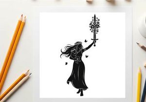 Silhouette of a woman holding a sword with flowers and butterflies