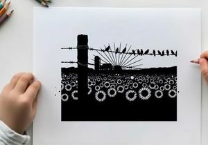 Silhouette of birds on barbed wire fence in sunflower field
