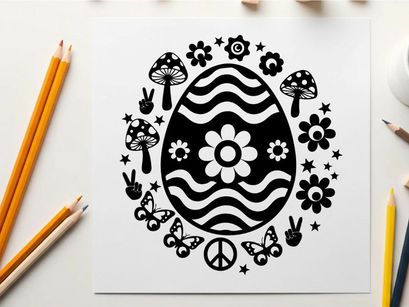 Black and white silhouette easter egg surrounded by flowers and symbols