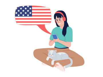 Young woman listening to american english course semi flat color vector character preview picture