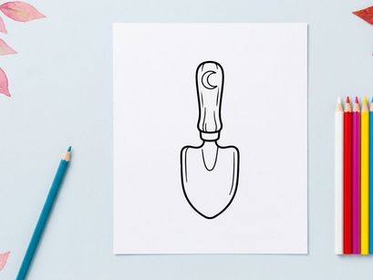 Hand-drawn Halloween trowel digging in dirt. Spooky garden tool illustration for autumn decor and pumpkin carving.