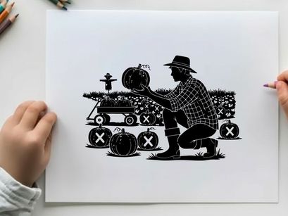 Farmer holding pumpkin in silhouette at a harvest scene