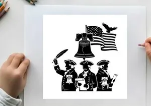 American revolution silhouette with patriotic symbols and founding fathers