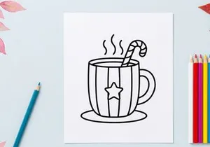 Taza de café navideña con decoración de vapor y estrella en celebración matutina festiva