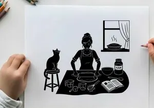 Woman baking with cat silhouette by her side at home
