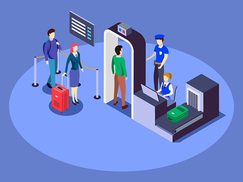 Airport security checkpoint isometric color vector illustration