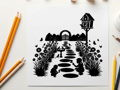 Whimsical garden scene with silhouette of children and birdhouse