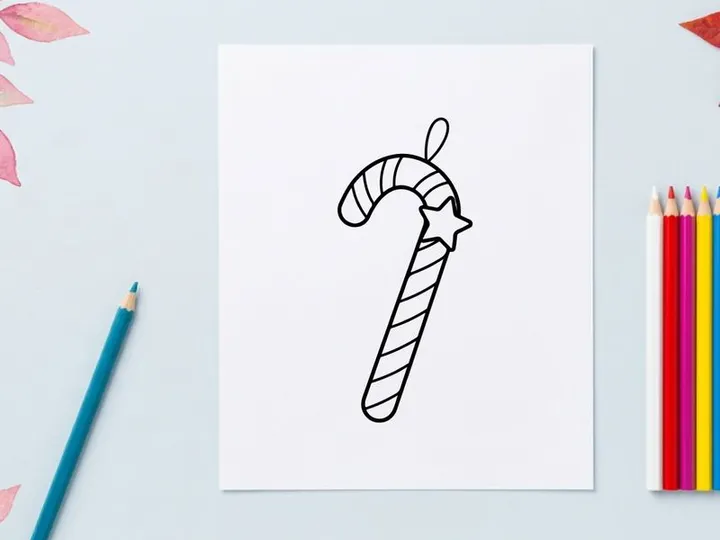 Hand-drawn candy cane with star and bow for festive Christmas holiday decoration