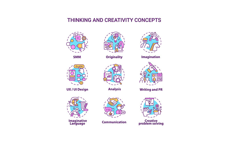 Thinking and creativity concept icons set