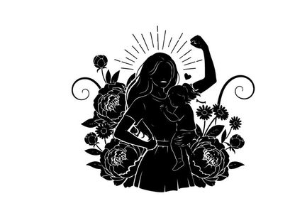 Empowered mother silhouette with child and floral elements