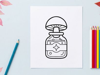 Hand-drawn Halloween magic potion bottle with glowing star. Vintage spooky elixir jar illustration for witchcraft and fantasy themes.