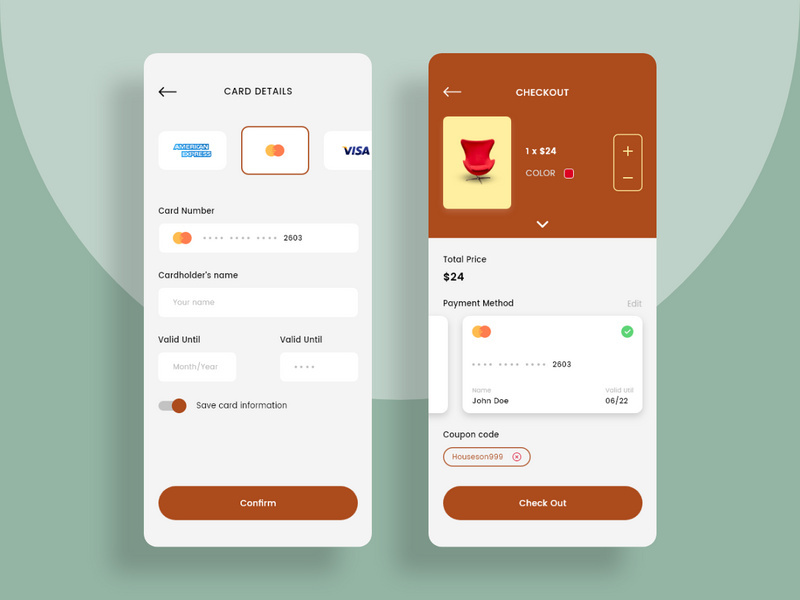 Card details and Checkout screens for Furniture app