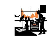 Silhouette of family in kitchen with burning house in background