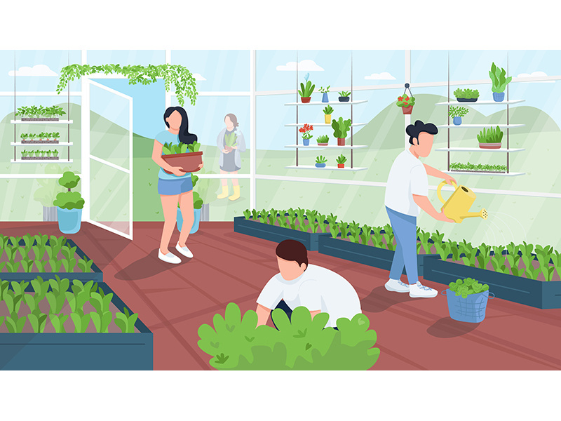 Gardeners in greenhouse flat color vector illustration