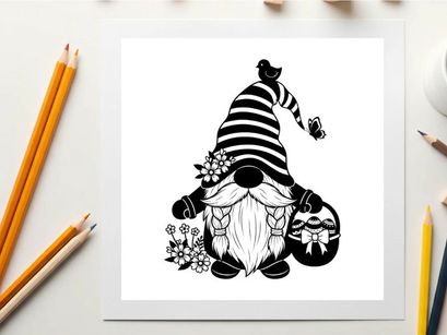 Black and white silhouette of a garden gnome with flowers and butterfly