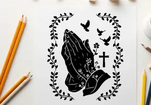 Praying hands silhouette with cross and birds