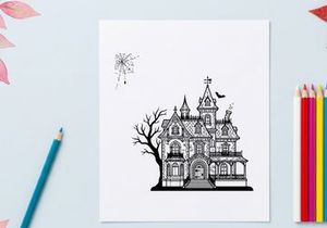 Haunted Victorian mansion illustration for gothic storytelling. Spooky vintage house drawing with intricate architectural details and eerie atmosph...