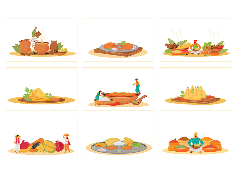 Indian traditional meals flat concept vector illustrations set