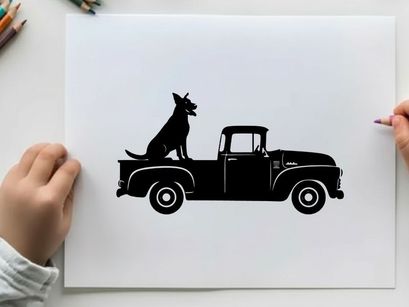 Silhouette of a dog sitting in the back of a vintage pickup truck